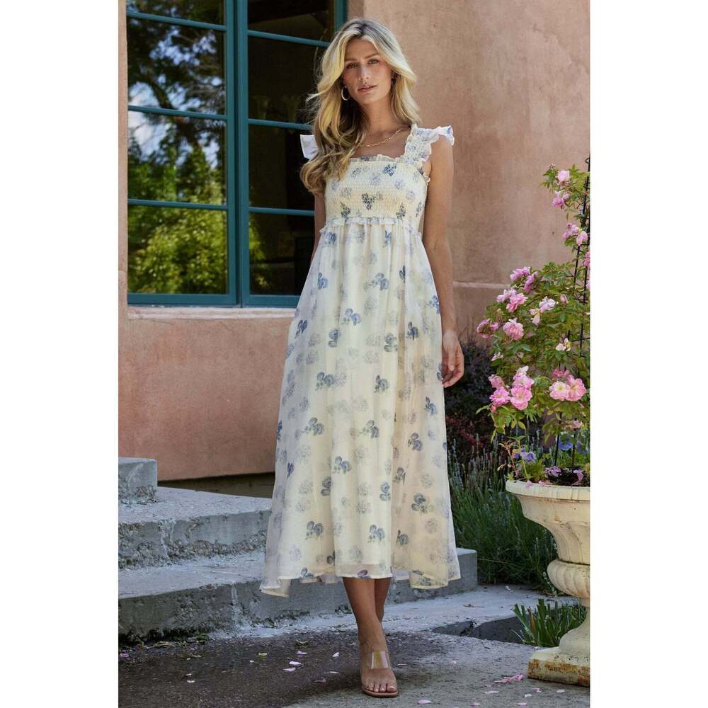 Baltic Born Phoebe Midi Dress | Cream + Blue Floral Size L